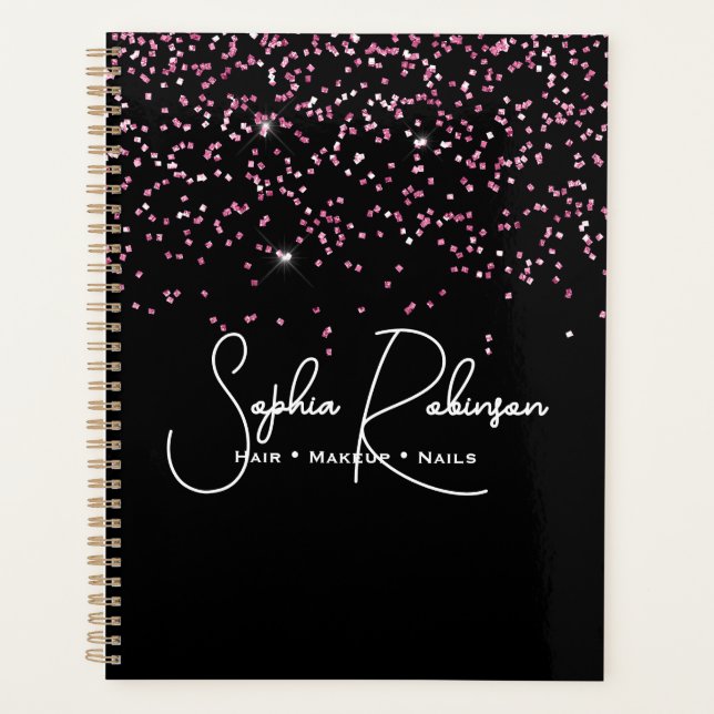 Elegant Black and Pink Glitter Salon Business Planer (Vorderseite)