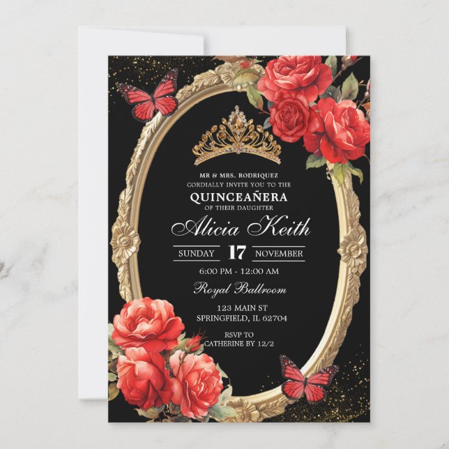 Elegant Black and Red Roses Gold Quinceanera Einladung (Vorderseite)
