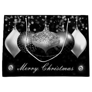 Elegant Black and Silver Baubles Frohe Weihnachten Große Geschenktüte