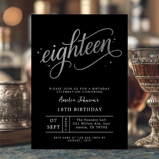 Elegant Black and Silver Eighteenth 18th Birthday Einladung (Eighteen and radiant ✨ Celebrate in style with this elegant black and silver invite.)