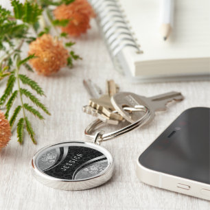 Elegant Black And Silver Floral Damasks Schlüsselanhänger