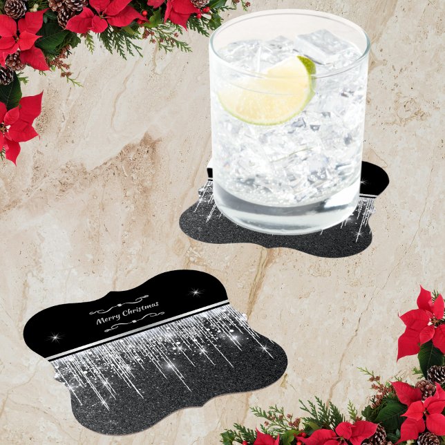 Elegant Black and Silver Sparkling Merry Christmas Untersetzer (Elegant sparkly silver and black fancy paper coasters)