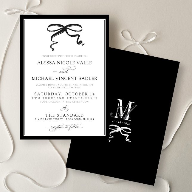Elegant Black and White Bow Simple Modern Wedding Einladung (Elegant modern black and white bow simple calligraphy script minimalist monogram wedding invitation)