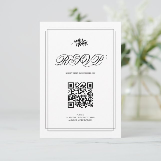 Elegant black and white branch and QR code wedding RSVP Karte (Stehend Vorderseite)
