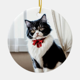 Elegant Black and White Cat Portrait Keramik Ornament