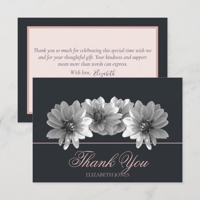 Elegant Black And White Dahlia Bridal Thank You Dankeskarte (Vorne/Hinten)