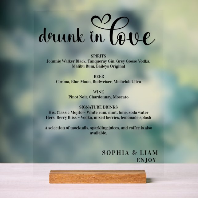Elegant Black and White Drunk in Love Wedding Menu Acrylschild (Neutral)