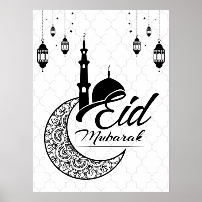 Elegant Black and White Eid Mubarak Grüße Poster (Vorne)