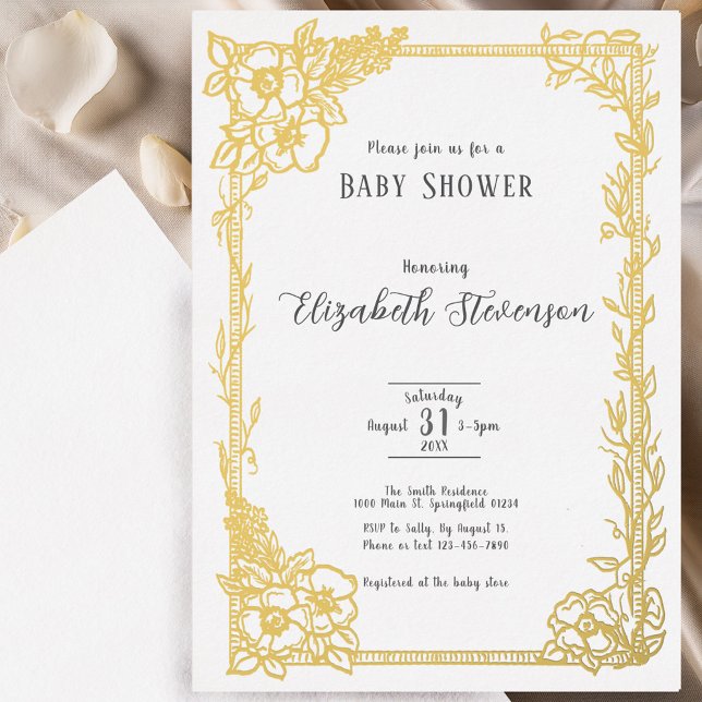 Elegant Black and White Floral Baby Shower Gold Folieneinladung (Von Creator hochgeladen)