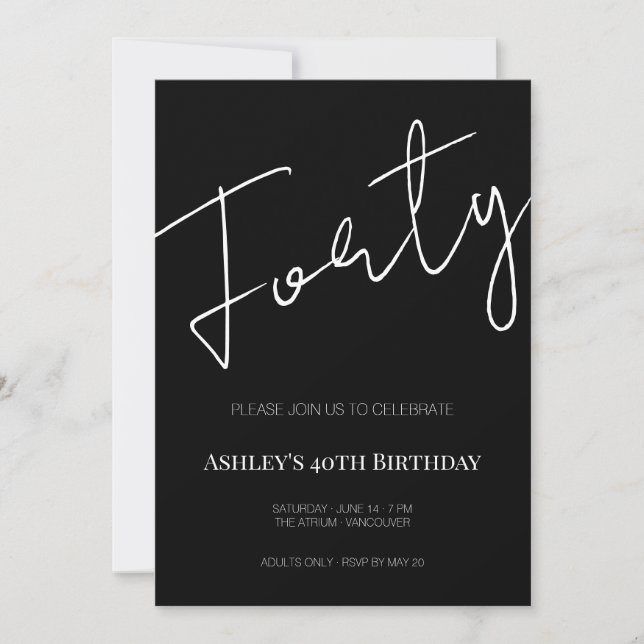 Elegant Black and White Forty 40th Birthday Einladung (Vorderseite)