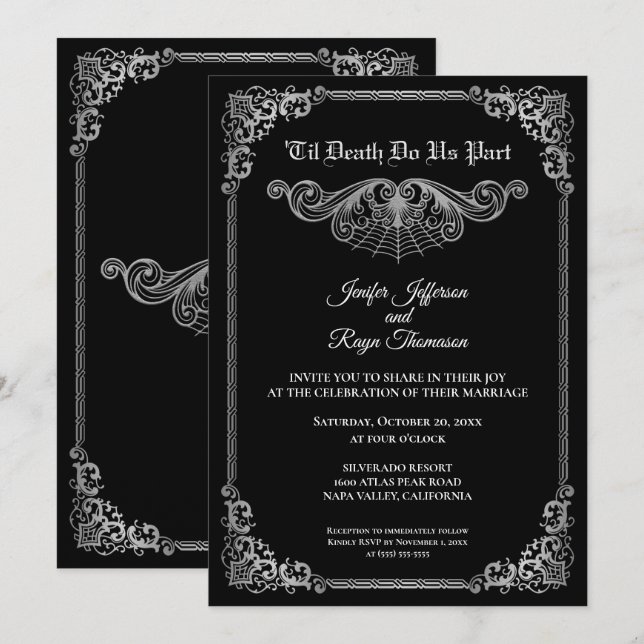 Elegant black and white Gothic wedding Invitation Einladung (Vorne/Hinten)