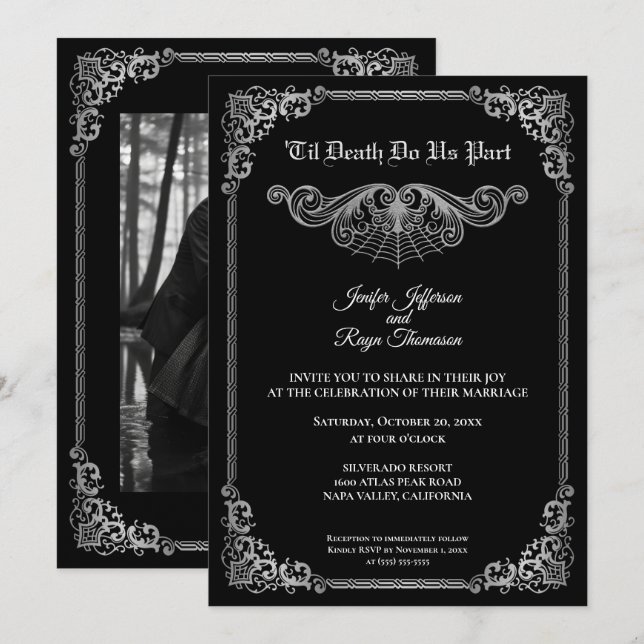 Elegant black and white Gothic wedding Invitation Einladung (Vorne/Hinten)