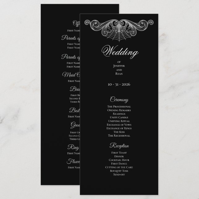 Elegant black and white Gothic Wedding Program Menükarte (Vorne/Hinten)
