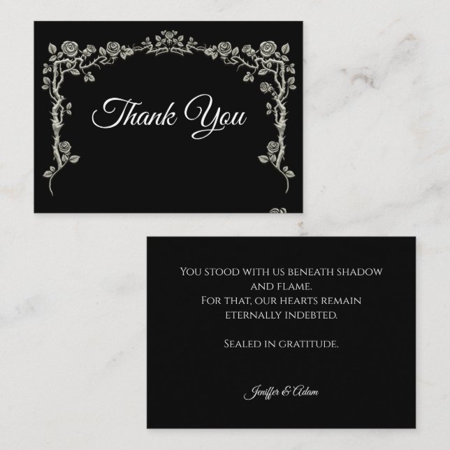 Elegant black and white Gothic wedding Thank You Mitteilungskarte (Vorne/Hinten)