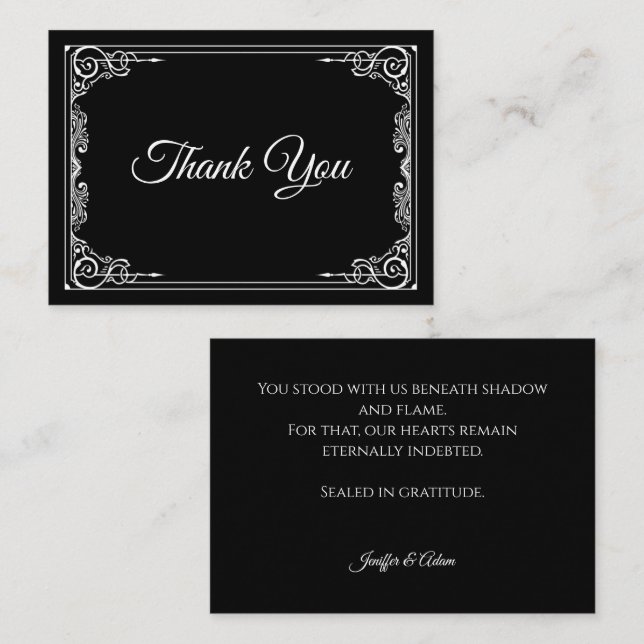 Elegant black and white Gothic wedding Thank You Mitteilungskarte (Vorne/Hinten)