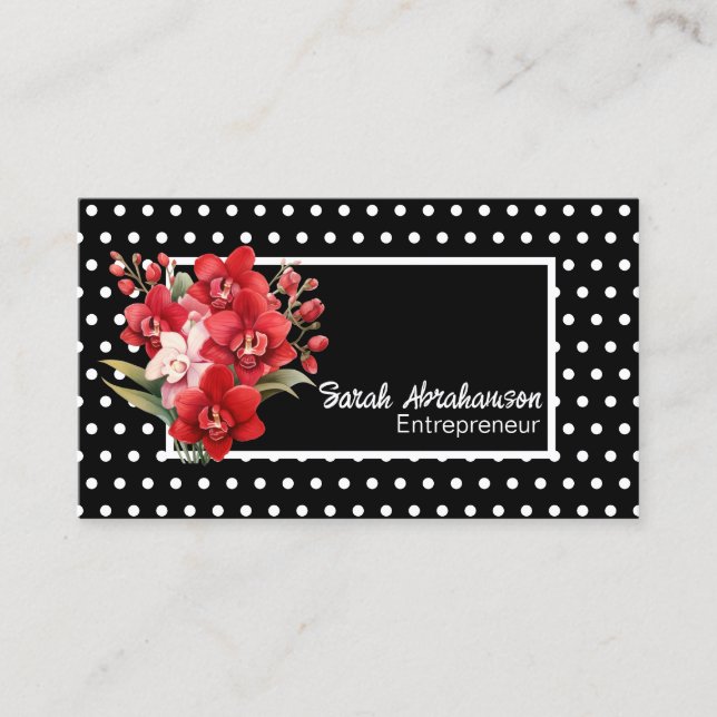 Elegant Black and White Polka Dot Floral Visitenkarte (Vorderseite)