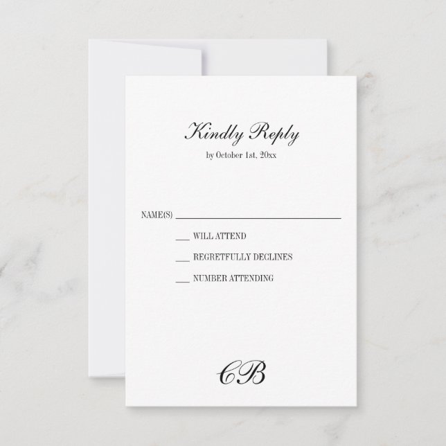 Elegant Black and White Script Monogram Wedding RSVP Karte (Vorderseite)