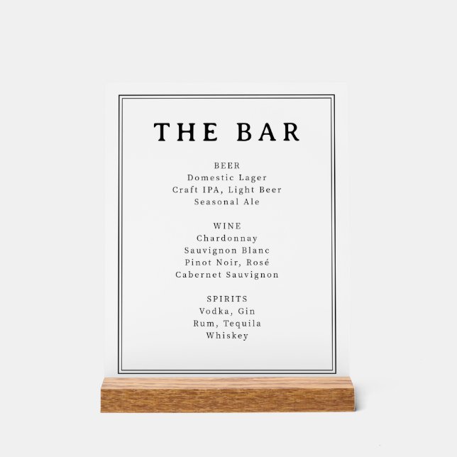 Elegant Black and White Typographic Bar Menu Acrylschild (Vorderseite)