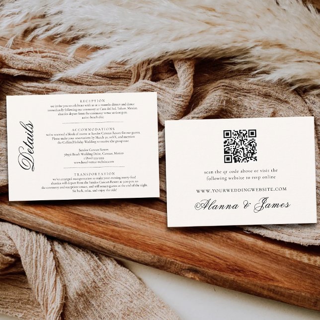 Elegant Black and White Wedding Details & QR RSVP  Begleitkarte (Von Creator hochgeladen)