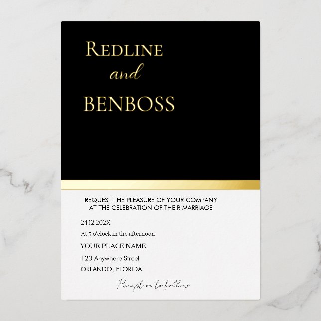 Elegant Black and white Wedding Invitation Gold Folieneinladung (Vorderseite)