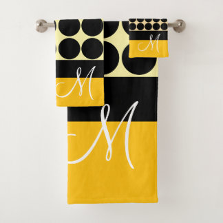 Elegant black beige & yellow dots monogram name badhandtuch set
