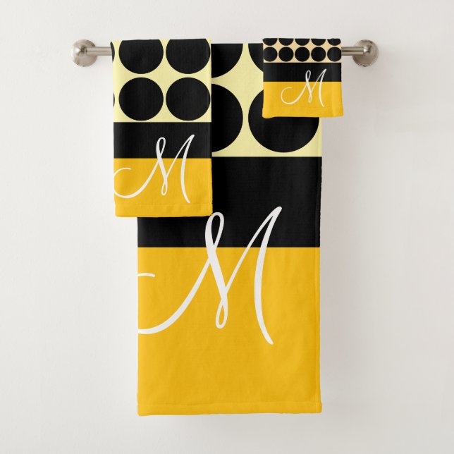 Elegant black  beige &  yellow dots monogram name badhandtuch set (Insitu)