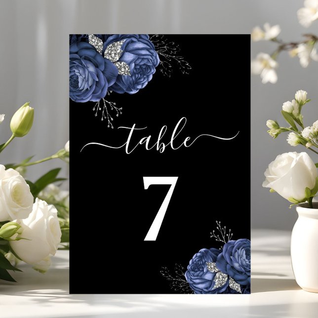 Elegant Black Blue Floral Tischnummer (Elegant Black Blue Floral Table Number)