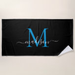 Elegant Black Blue Monogram Feminine Girly Script Strandtuch<br><div class="desc">Elegante Black Bright Ocean Blue Monogram Feminine Girly Script Beach Handtuch</div>