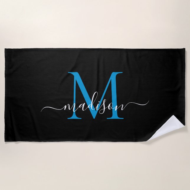 Elegant Black Blue Monogram Feminine Girly Script Strandtuch (Vorderseite)
