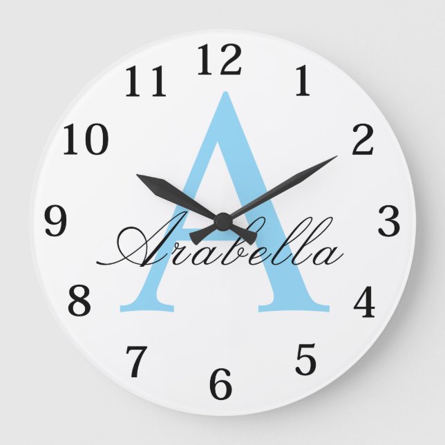 Elegant Black Blue  Personalized Monogram  Name  Große Wanduhr (Vorderseite)