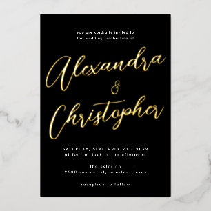 Elegant Black Blüh Calligraphy Wedding Gold Folieneinladung