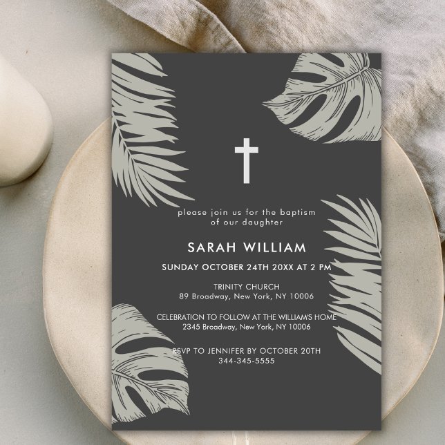 Elegant Black Boho Blätter Cross Baptisse Einladung (Elegant Black Boho Leave Gold Cross Baptism Invitation)