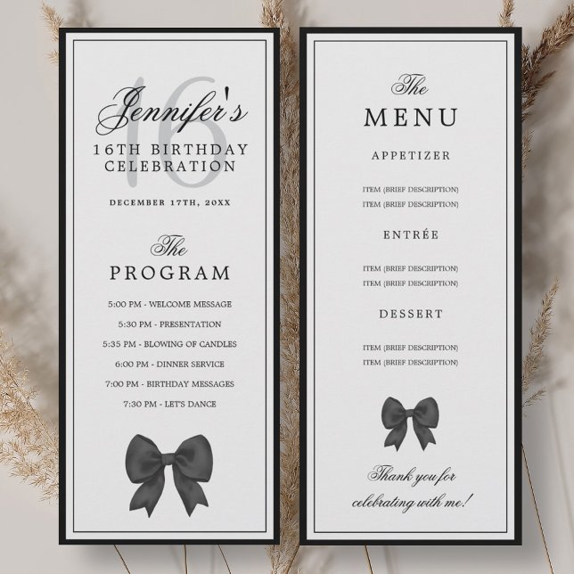 Elegant Black Bow 16th Birthday Program Menu  Einladung (Elegant Black Bow 16th Birthday Program Menu )