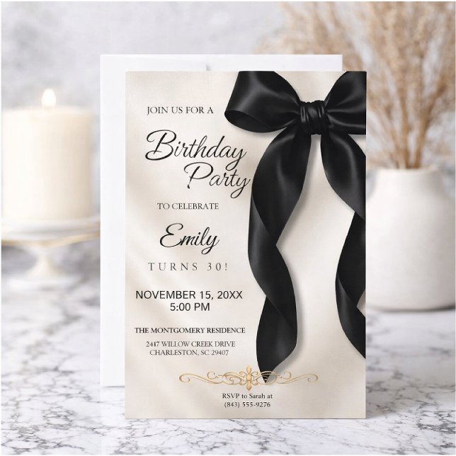 Elegant Black Bow Birthday Invitation Einladung (Von Creator hochgeladen)