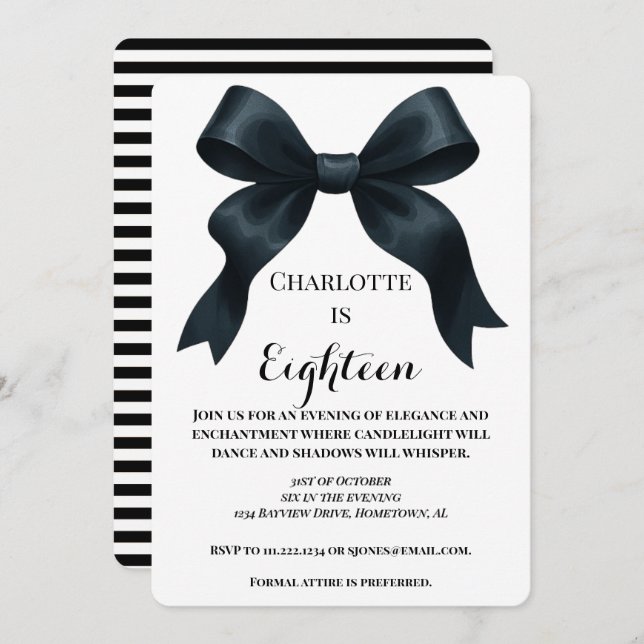 Elegant Black Bow Birthday Invite - Black Stripe Einladung (Vorne/Hinten)
