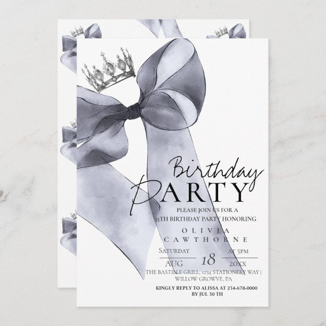 Elegant Black Bow Birthday Party  Einladung (Vorne/Hinten)