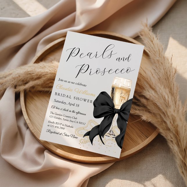 Elegant Black Bow Pearls Bridal Shower Invitation Einladung (Black bow and pearls bridal shower Invitation)
