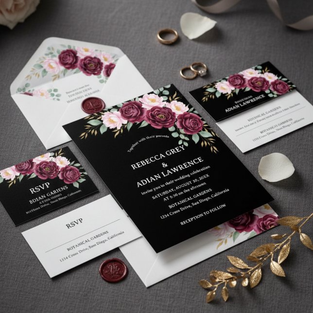 Elegant Black & Burgundy Pink Floral Wedding  Einladung (Von Creator hochgeladen)