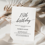 Elegant Black Calligraphy 18. Geburtstag Einladung<br><div class="desc">Diese elegante schwarze Kalligrafie aus dem 18. Jahrhundert lädt zu einer einfachen Geburtstagsfeier ein. Das neutrale Design besticht durch eine minimalistische Karte,  die mit romantischer und skurriler Typografie dekoriert ist.</div>