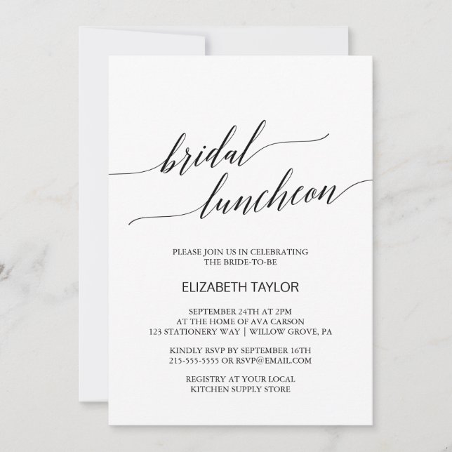 Elegant Black Calligraphy Bridal Luncheon Einladung (Vorderseite)