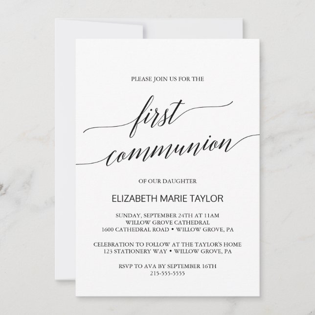 Elegant Black Calligraphy First Communion Einladung (Vorderseite)
