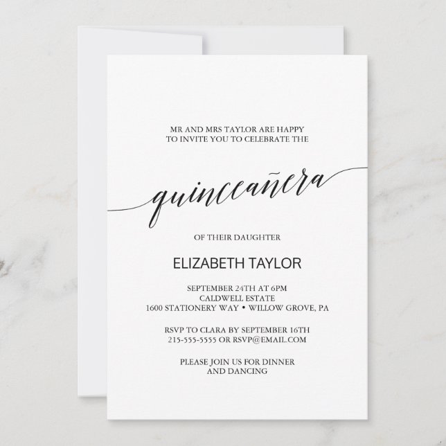 Elegant Black Calligraphy Quinceañera Einladung (Vorderseite)