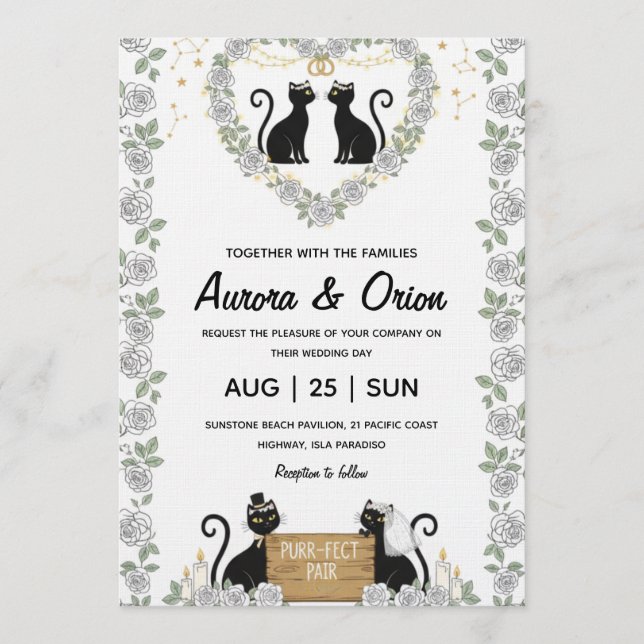 Elegant black cat wedding invitation einladung (Vorderseite)