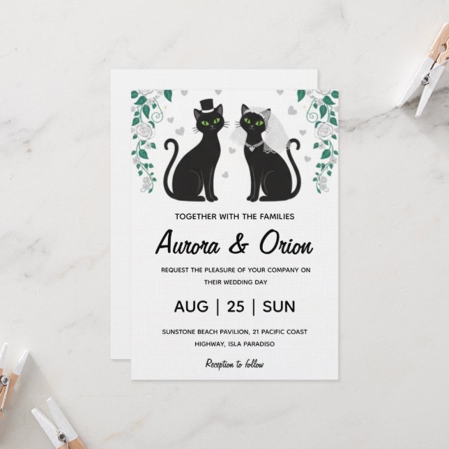 Elegant black cat wedding invitation einladung (Vorderseite/Rückseite Beispiel)