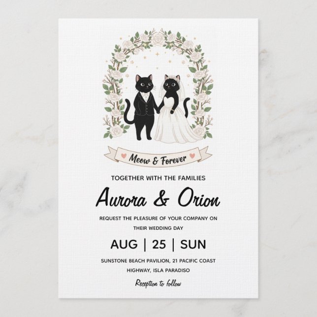 Elegant black cat wedding invitation einladung (Vorderseite)