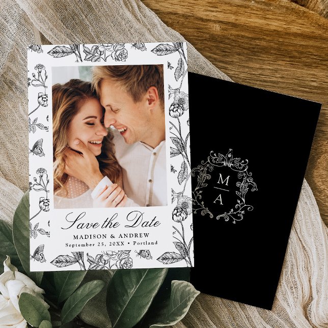 Elegant Black Chinoiserie Floral Photo Wedding Save The Date (Von Creator hochgeladen)