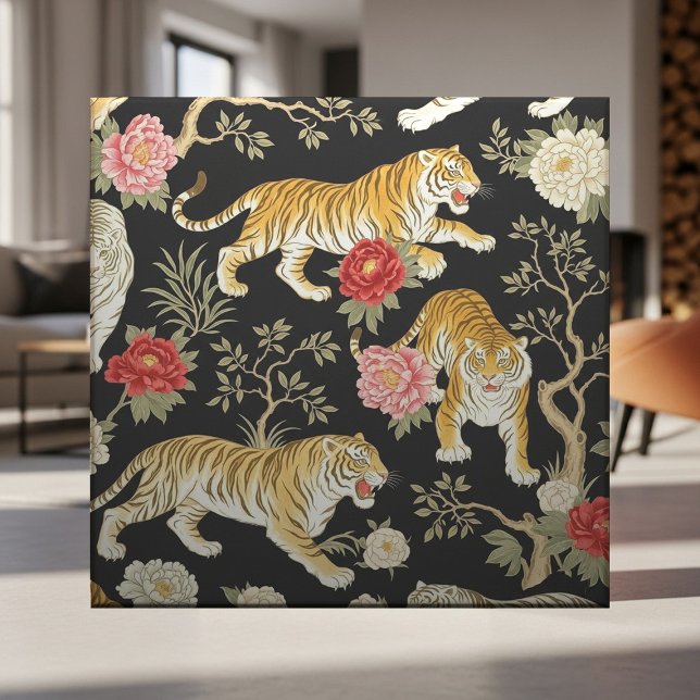 Elegant Black Chinoiserie Tiger and Peony Pattern Fliese (Von Creator hochgeladen)