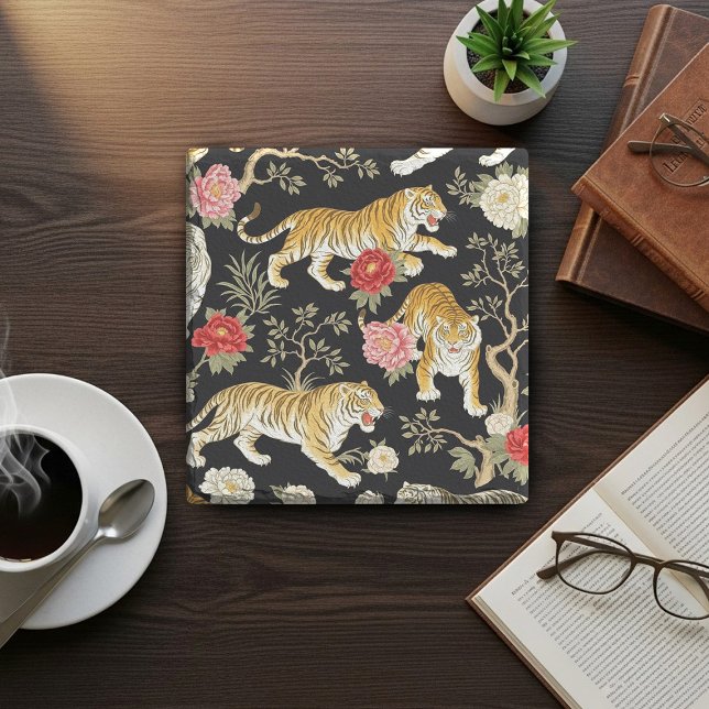 Elegant Black Chinoiserie Tiger and Peony Pattern Steinuntersetzer (Von Creator hochgeladen)