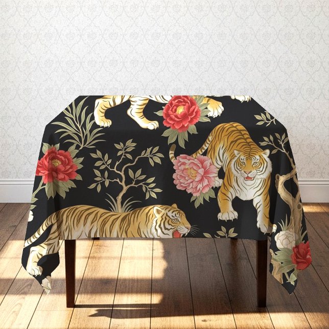 Elegant Black Chinoiserie Tiger and Peony Pattern Tischdecke (Von Creator hochgeladen)