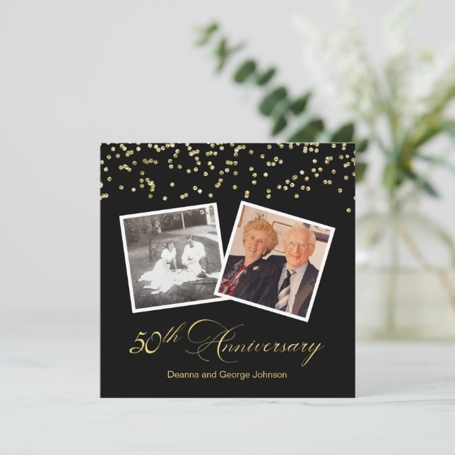 Elegant Black Confetti 50. Hochzeitstag Einladung (Stehend Vorderseite)